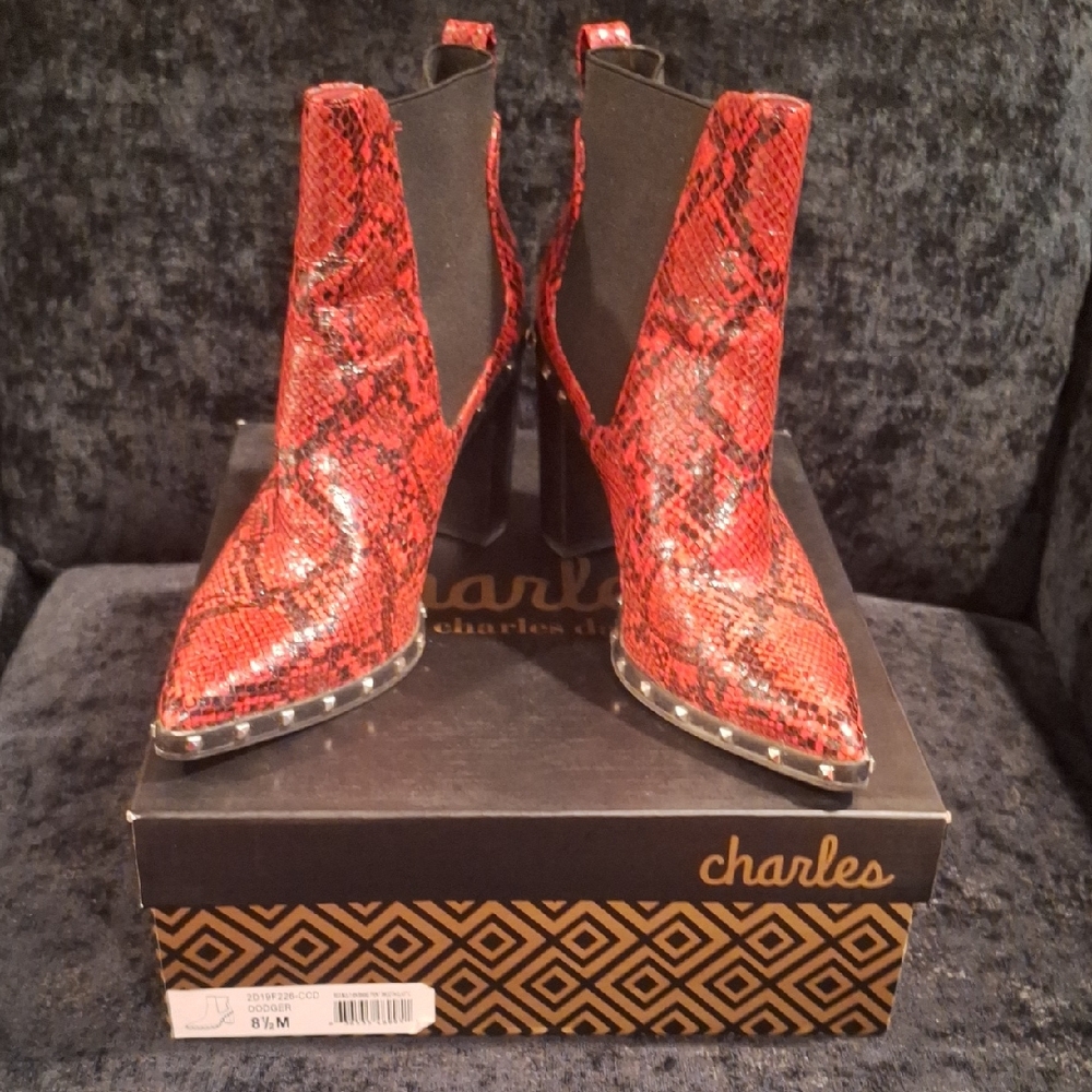 Charlies Bold Red Snake Heeled Boots
